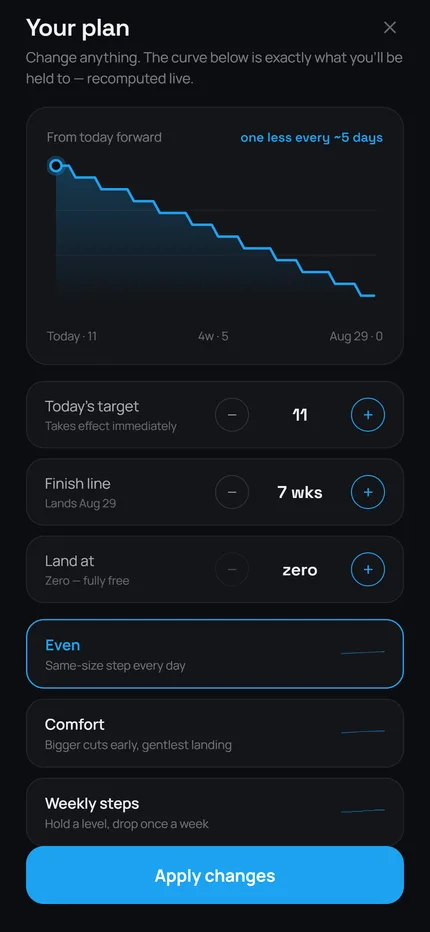 Cadence plan editor: the taper curve with steppers for target, finish line, and landing