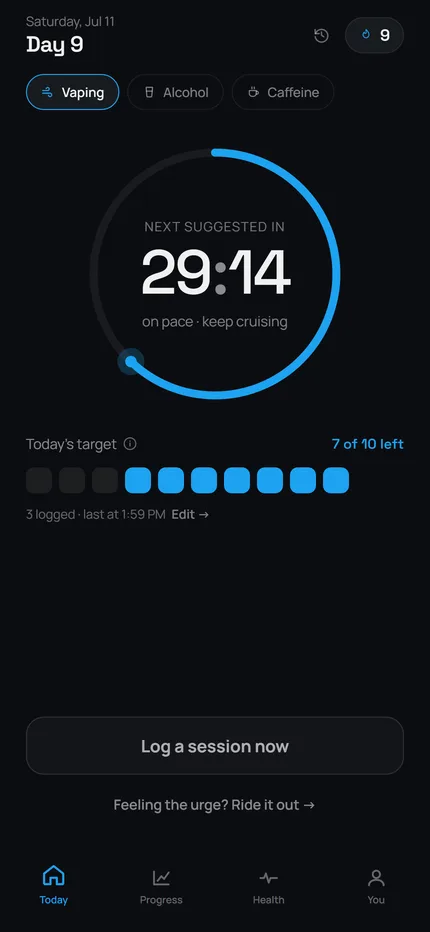 Cadence Today screen: countdown ring to the next session, 7 of 10 left